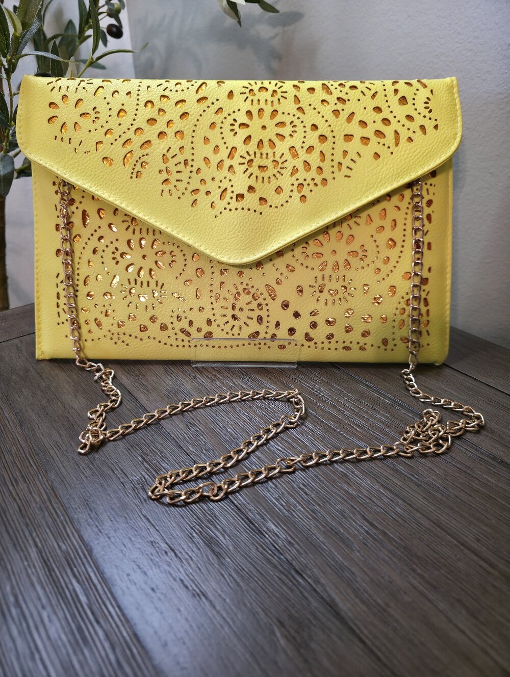 Yellow Laser-Cut Envelope Clutch with Chain Strap